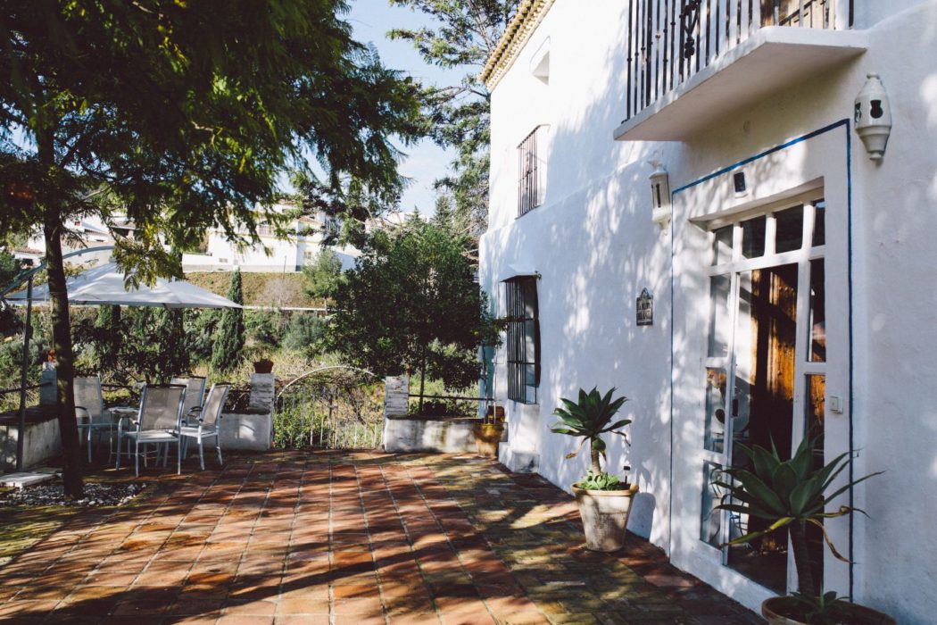 Terrace and from entrance to La Huerta del Angel, a beautiful Malaga villa in Spain.