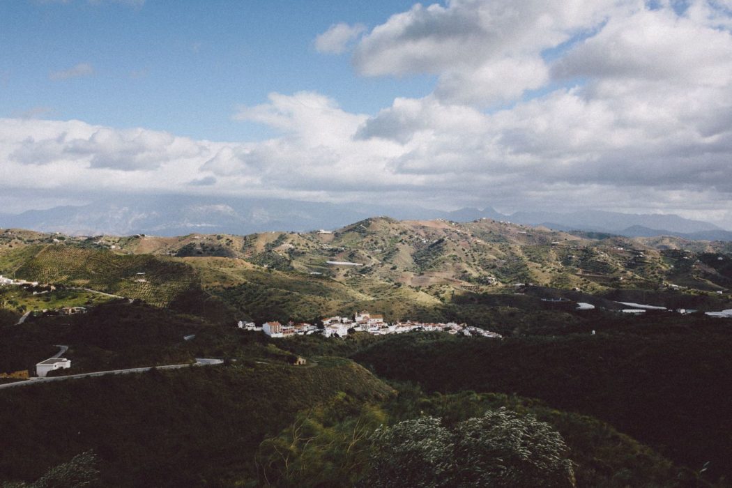 View of Macharaviaya village near Malaga, from the Spanish cortijo La Huerta del Angel