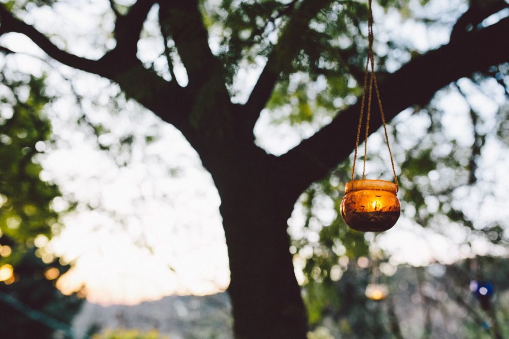 Candle hanging from a tree